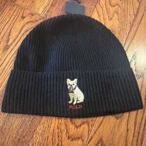 Polo Ralph Lauren Beanie Embroidered Frenchie French Bulldog Black PC1417 NWT
